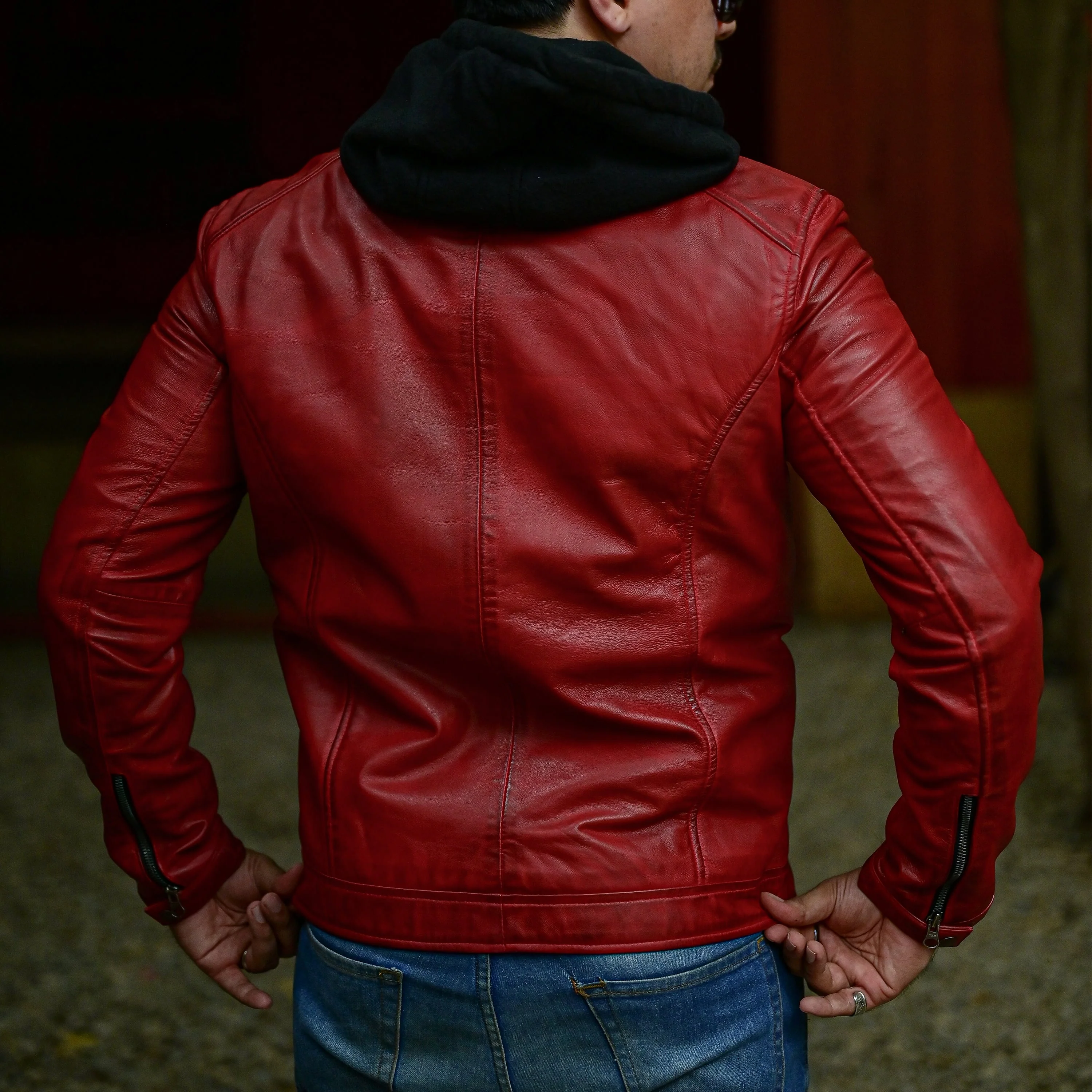 Mens Red Casual Hooded Vintage Leather Jacket with Removable Hood